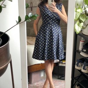 Navy and gold Anthropologie polka dot dress with pockets